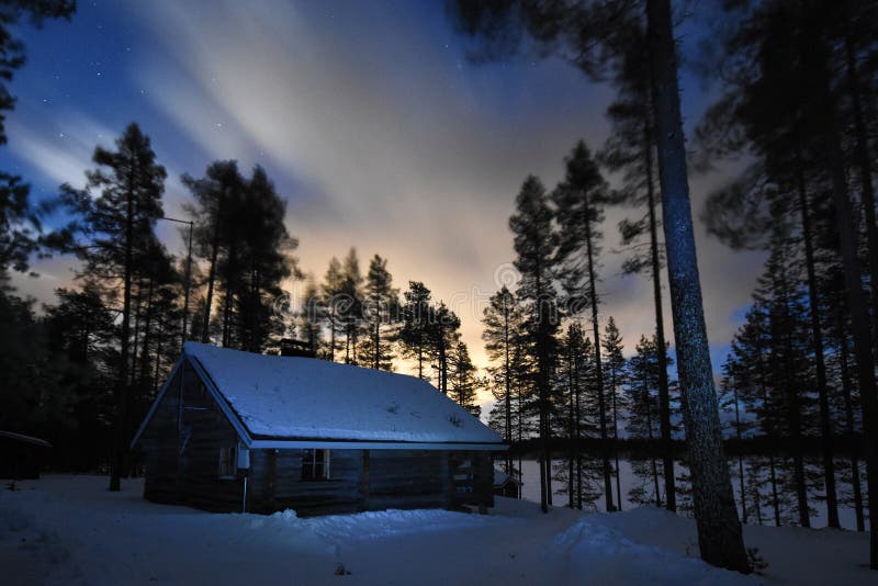 Log Cabin in the forest at Night Finland. Log Cabin in the forest at Night Finland.