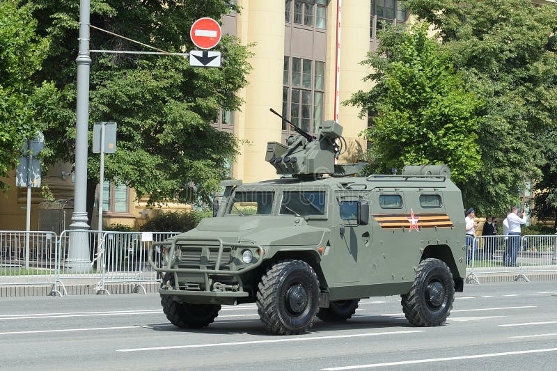 MOSCOW, RUSSIA - JUNE 24, 2020:The Tiger-M armored car with the Crossbow-DM remote control combat module on Moscow`s Mokhovaya street during the parade dedicated to the 75th anniversary of the Victory. MOSCOW, RUSSIA - JUNE 24, 2020:The Tiger-M armored car with the Crossbow-DM remote control combat module on Moscow`s Mokhovaya street during the parade dedicated to the 75th anniversary of the Victory