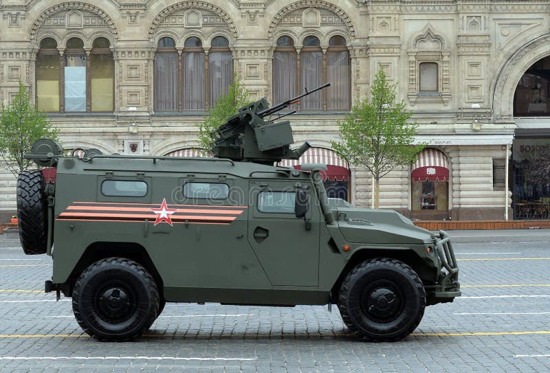 MOSCOW, RUSSIA - MAY 9, 2019: Armored car `Tiger-M` with a combat module `Crossbow` during the parade dedicated to The victory Day in Moscow. MOSCOW, RUSSIA - MAY 9, 2019: Armored car `Tiger-M` with a combat module `Crossbow` during the parade dedicated to The victory Day in Moscow