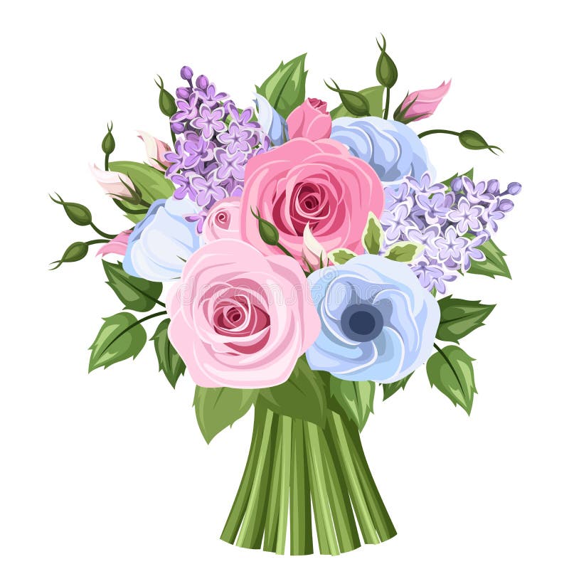 Букет розовых, голубых и фиолетовых роз, lisianthus и сирени цветет также вектор иллюстрации притяжки corel иллюстрация штока Букет розовых, голубых и фиолетовых роз, lisianthus и сирени цветет также вектор иллюстрации притяжки corel иллюстрация штока
