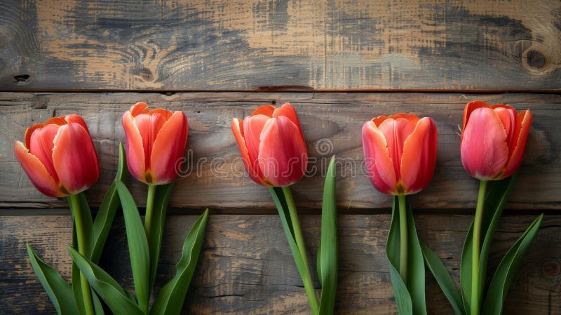 the essence of spring with a vibrant banner featuring a bouquet of tulips set against a rustic wooden background. Emphasize the beauty of nature in full bloom to create a visually appealing and marketable photo AI generated. the essence of spring with a vibrant banner featuring a bouquet of tulips set against a rustic wooden background. Emphasize the beauty of nature in full bloom to create a visually appealing and marketable photo AI generated