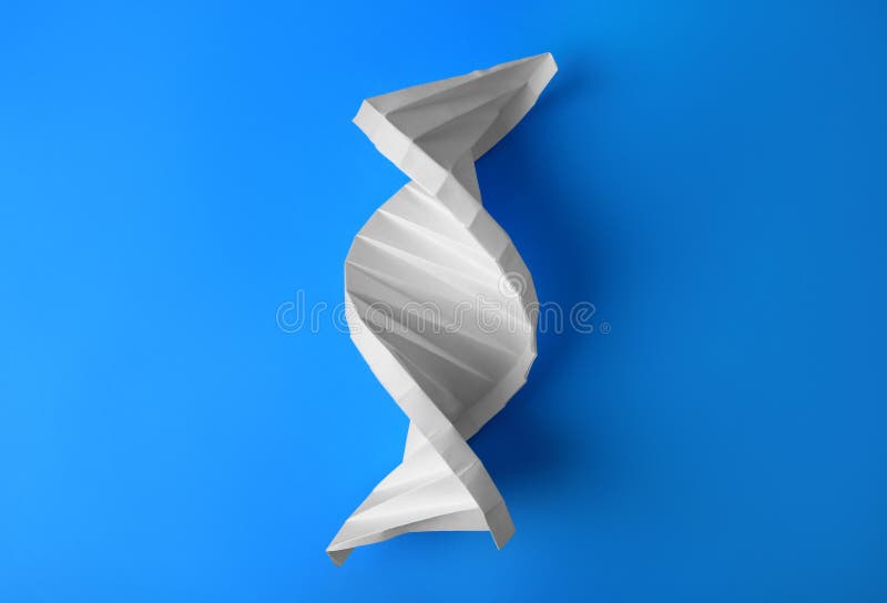 бумажная модель молекулярной цепи dna на светло-синем фоне сверху стоковое фото