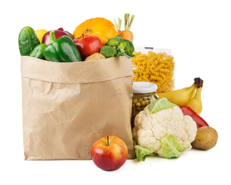 Бумажный пакет с различными продуктами питания - свежие овощи, фрукты и хлеб стоковое изображение rf Бумажный пакет с различными продуктами питания - свежие овощи, фрукты и хлеб стоковое изображение rf
