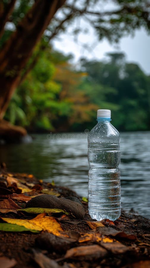 Бутылки из пластиковой воды у береговой линии с камнями и природным фоном стоковые фотографии rf