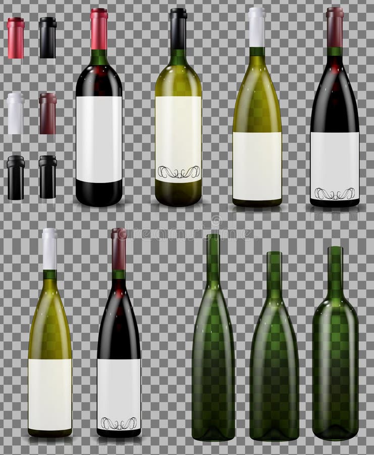 Red and white wine bottles. Empty wine bottles. Realistic mockup. Set of caps or sleeves, closing the stopper. Vector illustration. Red and white wine bottles. Empty wine bottles. Realistic mockup. Set of caps or sleeves, closing the stopper. Vector illustration.