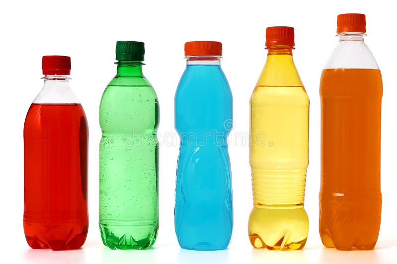 Five colored bottles with juice and soda on white. Five colored bottles with juice and soda on white