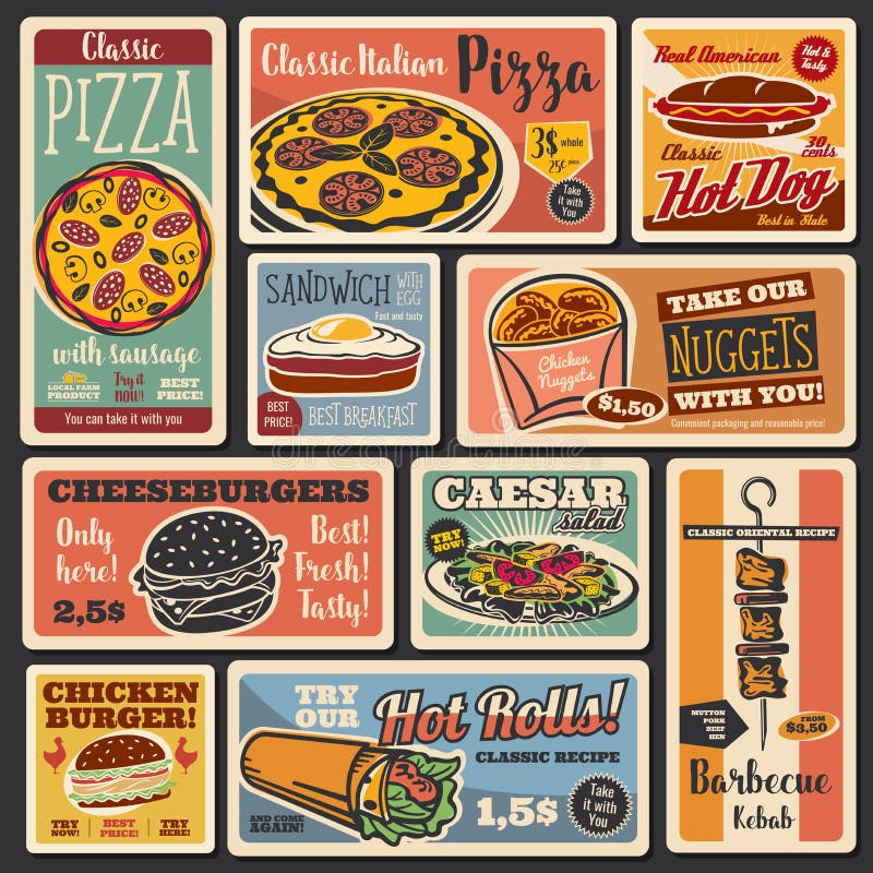 Fast food takeaway snacks, hot dogs and burgers retro posters. Vector fastfood hamburger and cheeseburger sandwich, pizza and chicken nuggets, caesar salad and egg sandwich. Fast food takeaway snacks, hot dogs and burgers retro posters. Vector fastfood hamburger and cheeseburger sandwich, pizza and chicken nuggets, caesar salad and egg sandwich