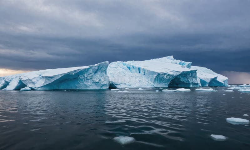 в воде плывет большой айсберг, вдалеке назревает буря стоковая фотография rf