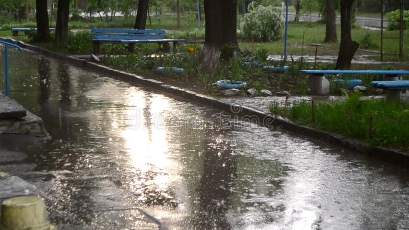 в городе падает сильный ливень, и солнце светит в летний день. сток ...