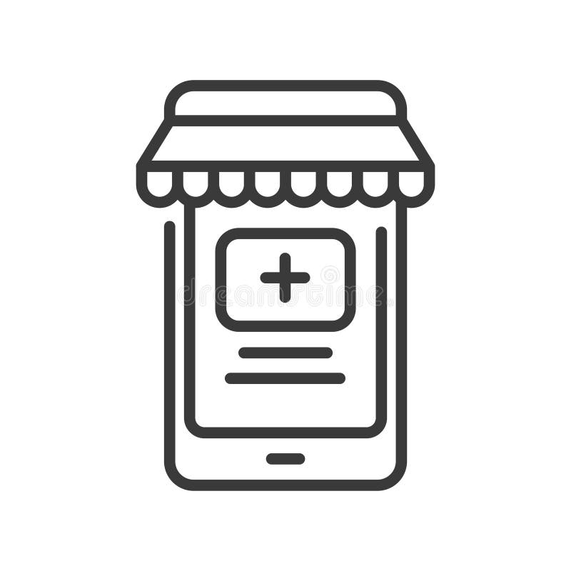 В интернете аптека в значке черного смартфона Приложение для покупок Знак для веб-страницы, мобильных приложений, баннер, социаль иллюстрация штока