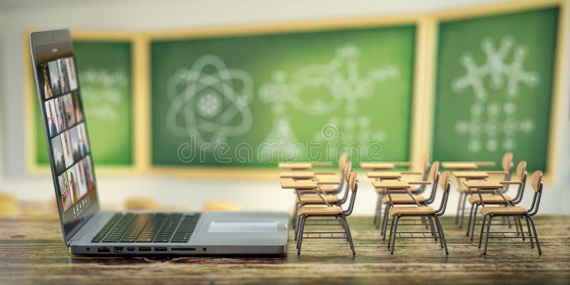 В интернете образование и концепция elearning. Дом дистанционное обучение карантина. Столы для ноутбука и школы на blackdesk в кла иллюстрация вектора