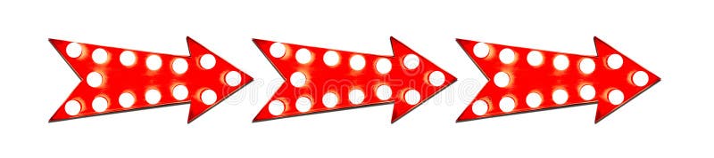 Three in line red arrow shaped vintage colorful illuminated metallic display direction sign with glowing light bulbs and shadow and isolated cut out on white background. Three in line red arrow shaped vintage colorful illuminated metallic display direction sign with glowing light bulbs and shadow and isolated cut out on white background.