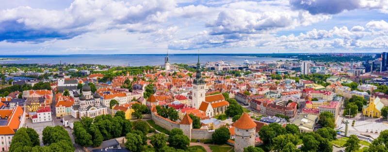 В результате снимок старого города Таллинна с апельсиновыми churchesspires и узкими улочками крыш стоковые фото