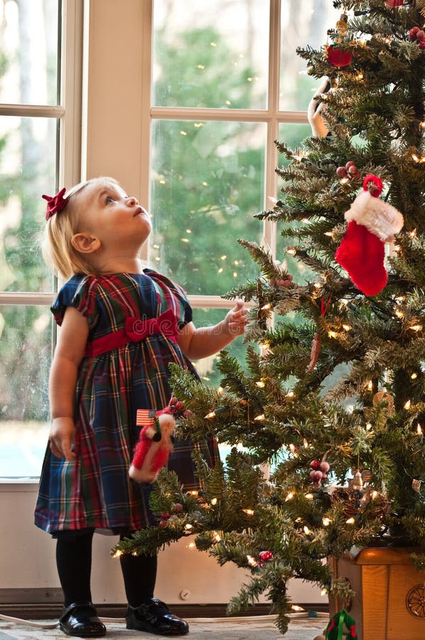 Little Girl Staring Up At The Christmas Tree. Little Girl Staring Up At The Christmas Tree