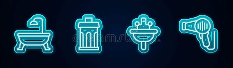 Ванна корзина Washbascape и фен. Неоновый значок. Вектор иллюстрация штока