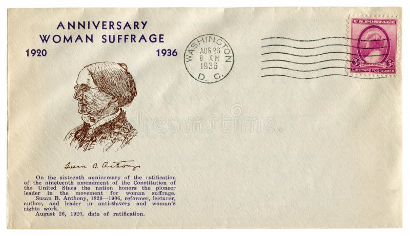 Вашингтон d C , США - 26-ое августа 1936: Конверт США исторический: предусматрива с избирательным правом Сьюзан b женщины годовщи стоковое изображение rf Вашингтон d C , США - 26-ое августа 1936: Конверт США исторический: предусматрива с избирательным правом Сьюзан b женщины годовщи стоковое изображение rf