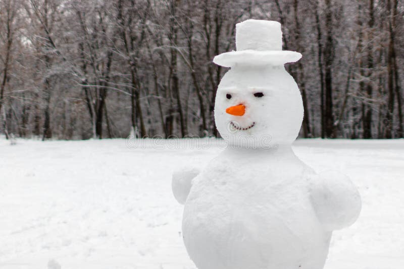 Sculpture of snow. Strange and terrifying snowman. Playing outdoors in winter. Family winter fun in the forest. Smile and nose of a snowman. Winter vacation. Frosty weather. Snow man in the park. Sculpture of snow. Strange and terrifying snowman. Playing outdoors in winter. Family winter fun in the forest. Smile and nose of a snowman. Winter vacation. Frosty weather. Snow man in the park.