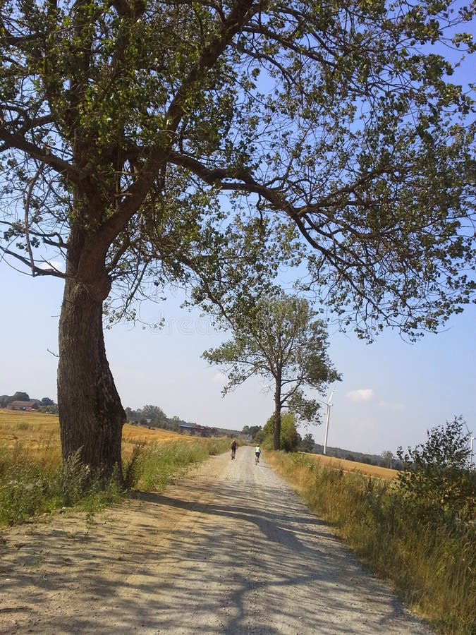 Scenic view of a road in the countryside with two cyclists in the background. Scenic view of a road in the countryside with two cyclists in the background.