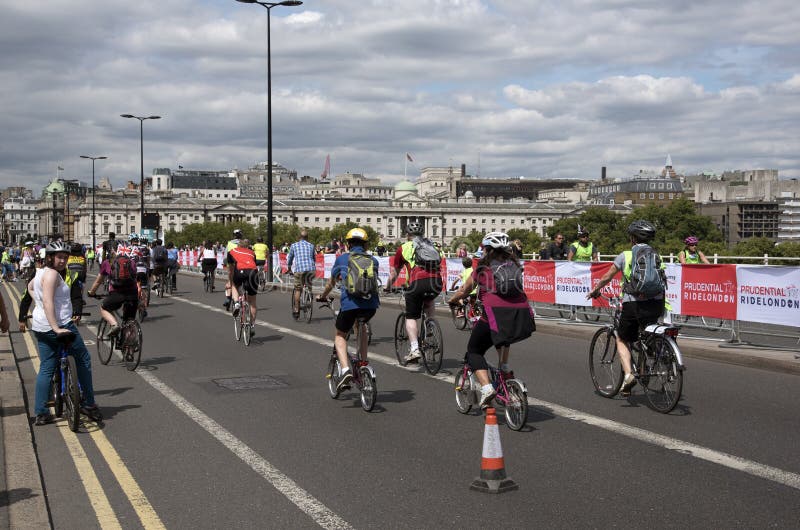 Action during the Prudential RideLondon Freecycle event in London UK at the weekend. Cyclists seen here crossing Waterloo Bridge. Action during the Prudential RideLondon Freecycle event in London UK at the weekend. Cyclists seen here crossing Waterloo Bridge.