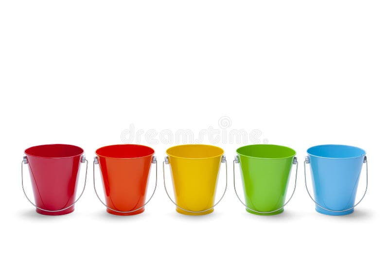 Five Colored Buckets in Rainbow Isolated on White Background. Five Colored Buckets in Rainbow Isolated on White Background.