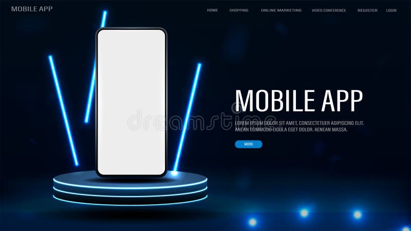 веб-баннер со смартфоном с ярким белым экраном на ярком подиуме с неоновыми лампами иллюстрация вектора
