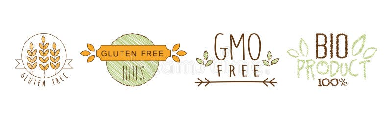 вегетарианский gmo бесплатный био продукт и питание ярлык вектор набор иллюстрация вектора