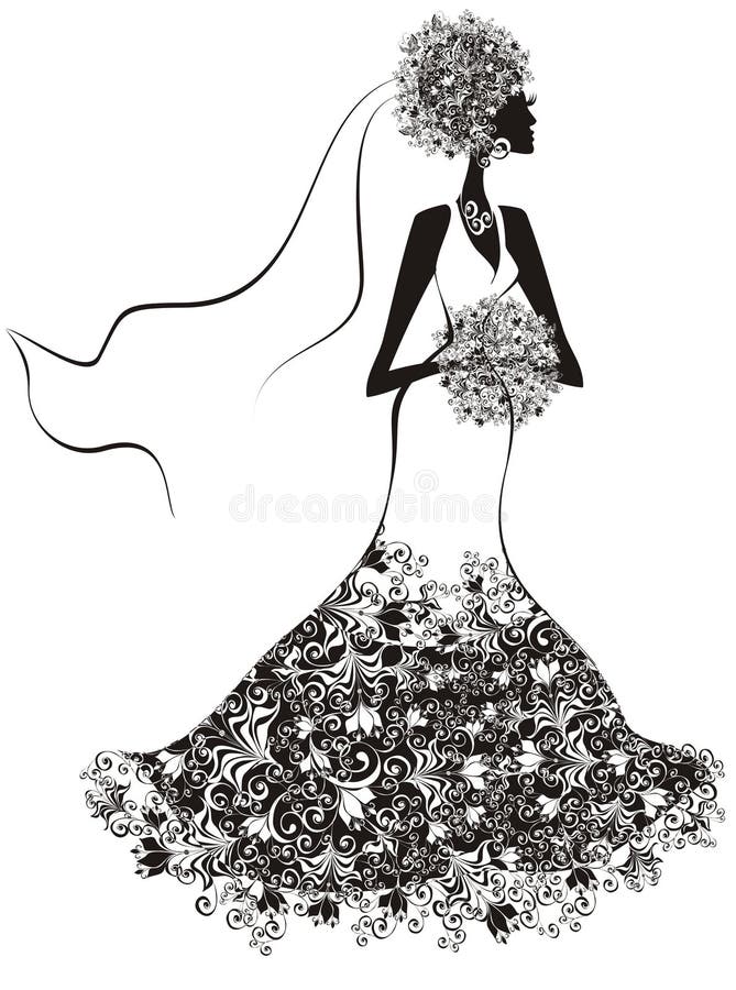 Elegant bride, hairdress and dress decorated with flowers. Vector illustration. Elegant bride, hairdress and dress decorated with flowers. Vector illustration
