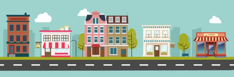 City street and store buildings vector illustration, a flat style design. City street and store buildings vector illustration, a flat style design.