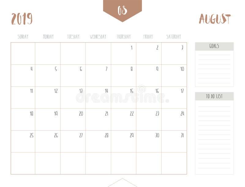 Вектор календаря 2019 -го августа в простом чистом стиле w таблицы бесплатная иллюстрация