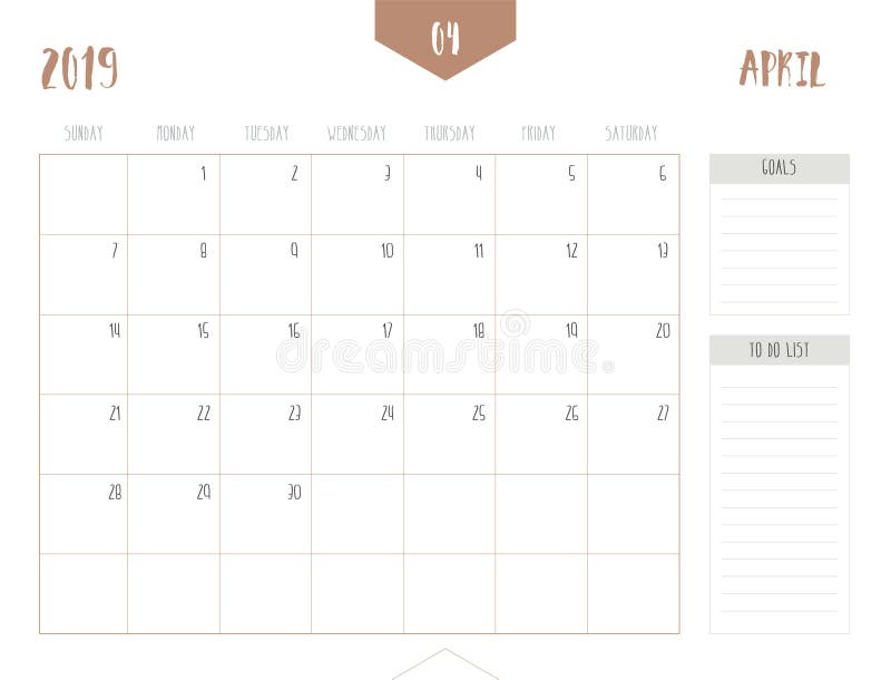 Вектор календаря 2019 -го апреля в простых чистых wi стиля таблицы иллюстрация штока