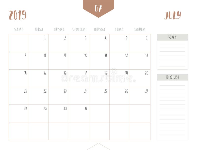 Вектор календаря 2019 -го июля в простом чистом острословии стиля таблицы иллюстрация штока