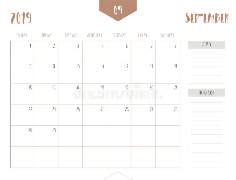 Вектор календаря 2019 -го сентября в простом чистом styl таблицы иллюстрация штока