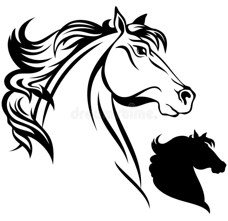 Horse head illustration - black and white outline and silhouette. Horse head illustration - black and white outline and silhouette