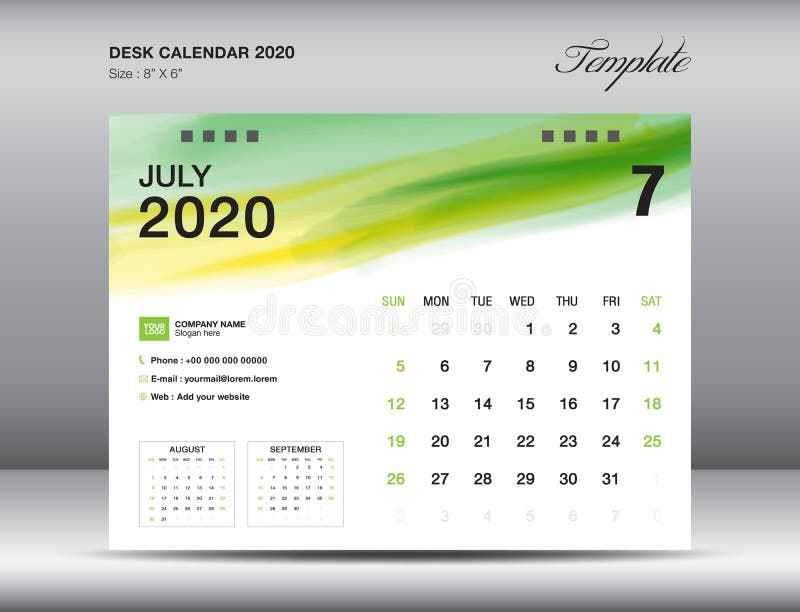 Вектор 2020, месяц шаблона настольного календаря ИЮЛЯ 2020 с зеленым ходом иллюстрация штока Вектор 2020, месяц шаблона настольного календаря ИЮЛЯ 2020 с зеленым ходом иллюстрация штока