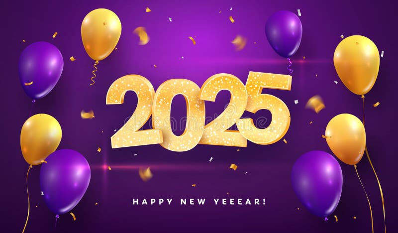 вектор празднования 2025 года. золотые рождественские числа и воздушные шары на фиолетовом фоне. иллюстрация штока