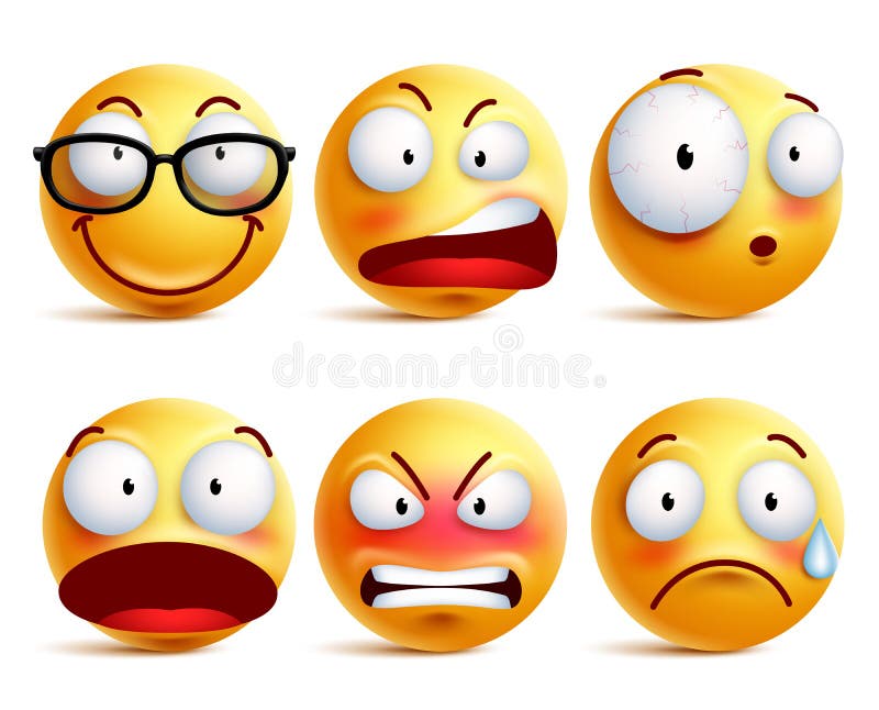 Вектор стороны или смайликов Smiley установил в желтый цвет с выражениями лица иллюстрация штока