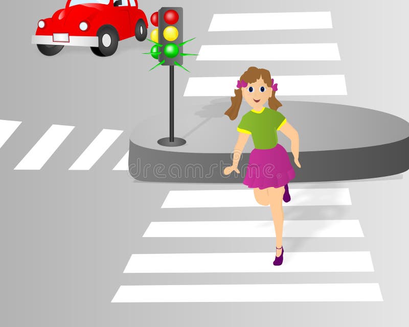 Girl crossing the street on the green light of the semaphore, vector format. Girl crossing the street on the green light of the semaphore, vector format