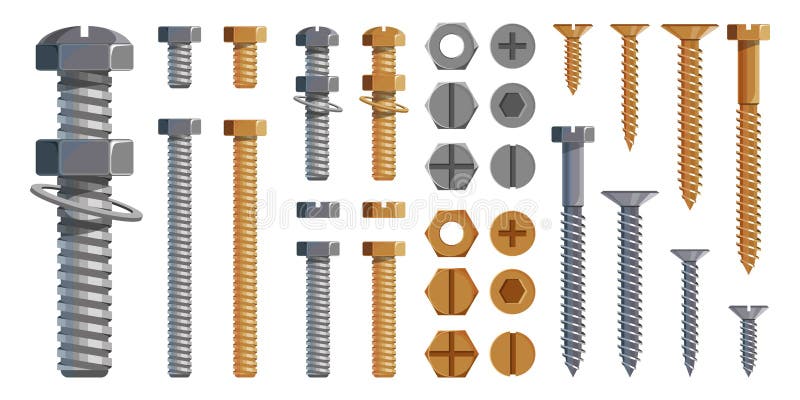 Vector set of Bolts, Nuts. Metal Screws, steel bolts, nuts, nails and rivets, self-tapping. Construction steel screw and nut, rivet and bolt metal illustration. Washer nut. Steel construction elements. Vector set of Bolts, Nuts. Metal Screws, steel bolts, nuts, nails and rivets, self-tapping. Construction steel screw and nut, rivet and bolt metal illustration. Washer nut. Steel construction elements