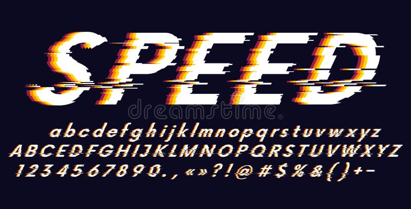 Vector Alphabet letters and numbers stylized fonts, speed effect faster motion, distorted glitch screen effect for design. Vector Alphabet letters and numbers stylized fonts, speed effect faster motion, distorted glitch screen effect for design