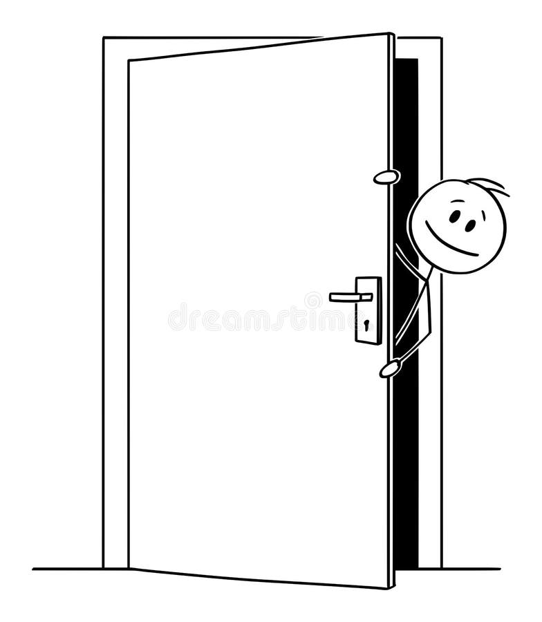 Vector cartoon stick figure drawing conceptual illustration of man or businessman peeping out or looking out the slightly open door. Vector cartoon stick figure drawing conceptual illustration of man or businessman peeping out or looking out the slightly open door.