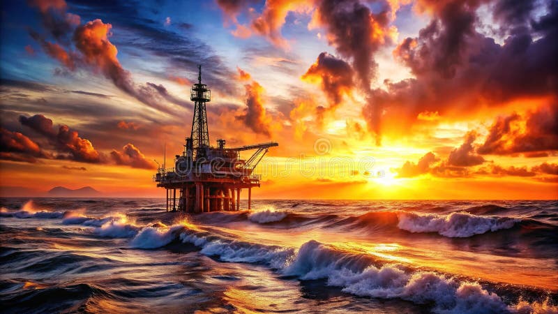 Величественное оффшорное нефтяное буровое сооружение на закате - мощный символ мировой энергетики бесплатная иллюстрация