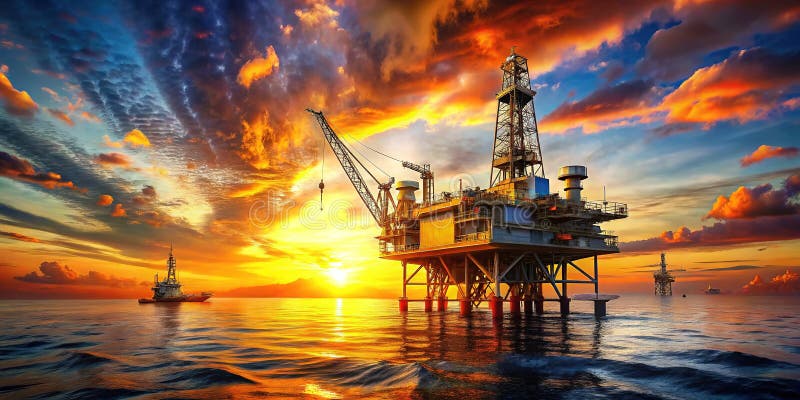 Величественный закат над морской нефтяной установкой - мощный символ мировой энергетики и инфраструктуры иллюстрация штока