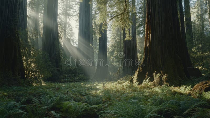 Величественный лес Redwood солнечные лучи природа Сцена Tranquil зеленый Lush искусство эко спокойный вид папоротник мха иллюстрация штока