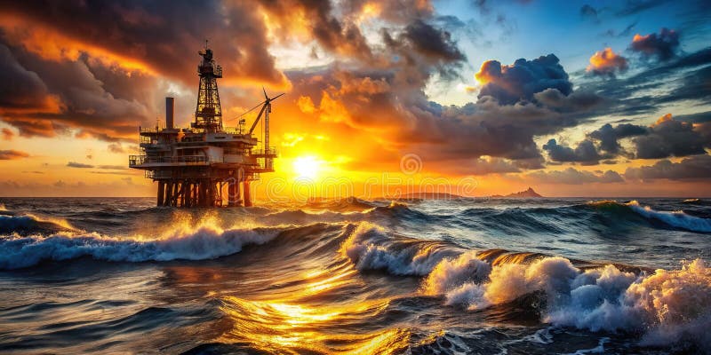 Величественный оффшорный нефтяной буровой завод на закате Загляните в мировое производство энергии и впереди стоящие задачи иллюстрация штока