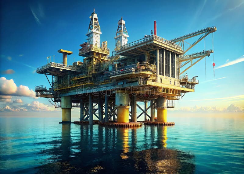 Величественный оффшорный нефтяной буровой завод ожидает рассвет в бирюзовых водах - мощный символ мировой энергетики иллюстрация штока