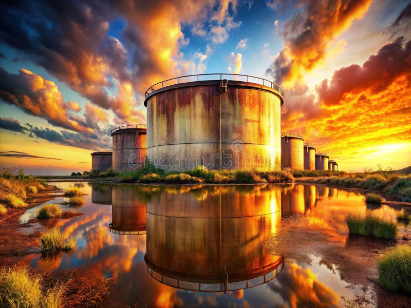 Величественный резервуар для хранения промышленной нефти, отражающий невероятный закат. иллюстрация штока