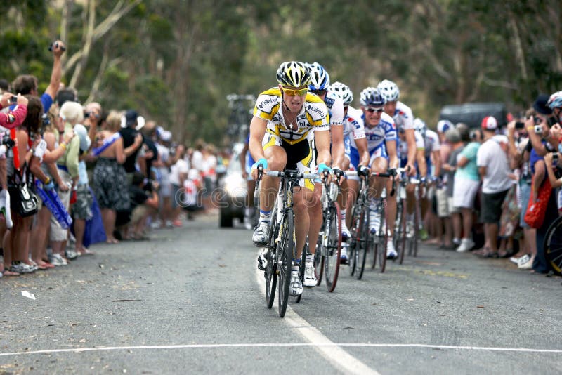 Cyclists climb up Thomas Hill Road during the Tour Down Under cycling race at The Range in South Australia in Australia. Cyclists climb up Thomas Hill Road during the Tour Down Under cycling race at The Range in South Australia in Australia.