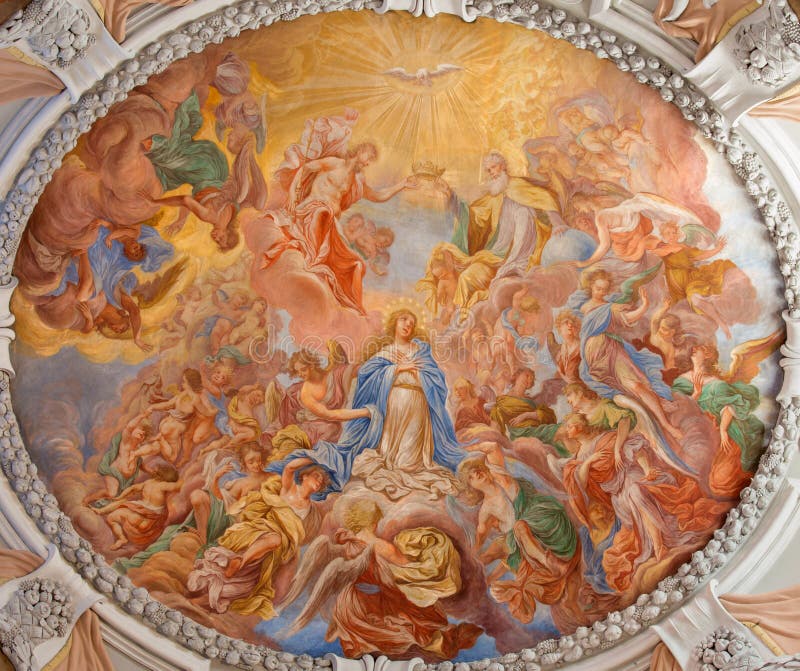 Вена - барочная фреска коронования святой Mary от куполка церков монастыря в Клостернойбурге стоковые фотографии rf Вена - барочная фреска коронования святой Mary от куполка церков монастыря в Клостернойбурге стоковые фотографии rf