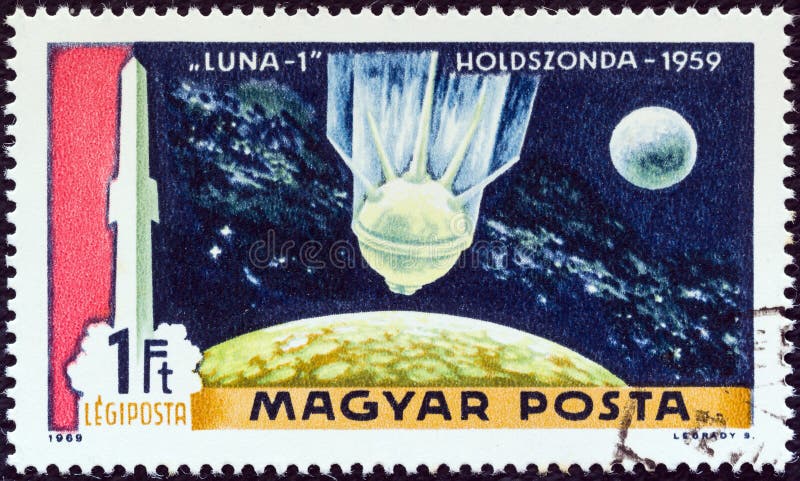 HUNGARY - CIRCA 1969: A stamp printed in Hungary from the `1st Man on the Moon` 2nd issue shows Luna 1 , circa 1969. HUNGARY - CIRCA 1969: A stamp printed in Hungary from the `1st Man on the Moon` 2nd issue shows Luna 1 , circa 1969.