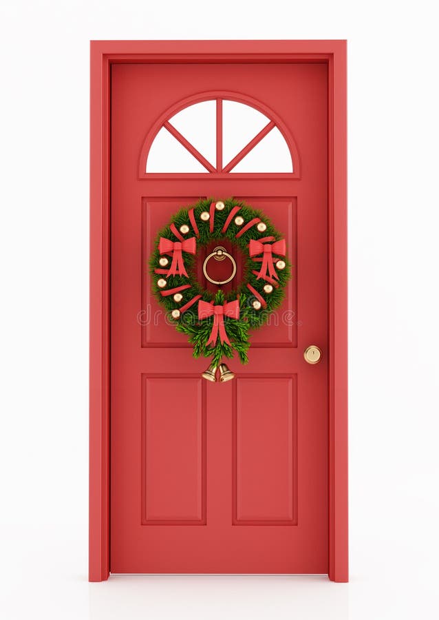 Red door with christmas wreath isolated on white - rendering. Red door with christmas wreath isolated on white - rendering